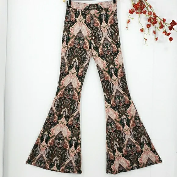 New TRIPLE SEVEN Boho Chic Print Flare Leg Pants in hunter green - Picture 9 of 9